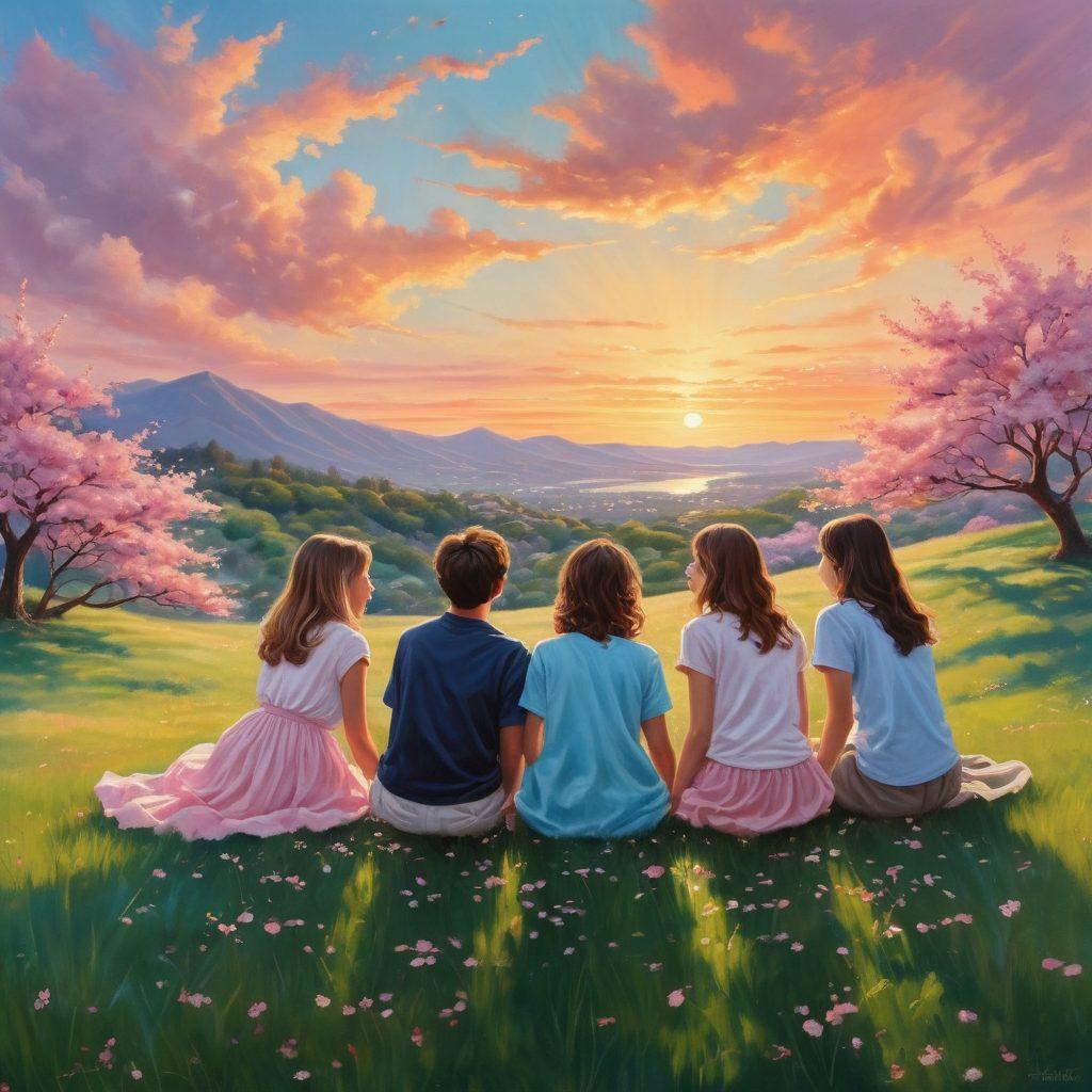 A whimsical scene depicting a group of diverse teenagers sitting on a grassy hill during sunset, sharing emotional confessions about their first loves. Their expressions reflect joy, nostalgia, and a hint of shyness. Include heart-shaped clouds in the sky and soft pastel colors to evoke warmth and innocence. Capture a dreamy, nostalgic ambiance with cherry blossom petals gently falling around them. vibrant colors. painting.