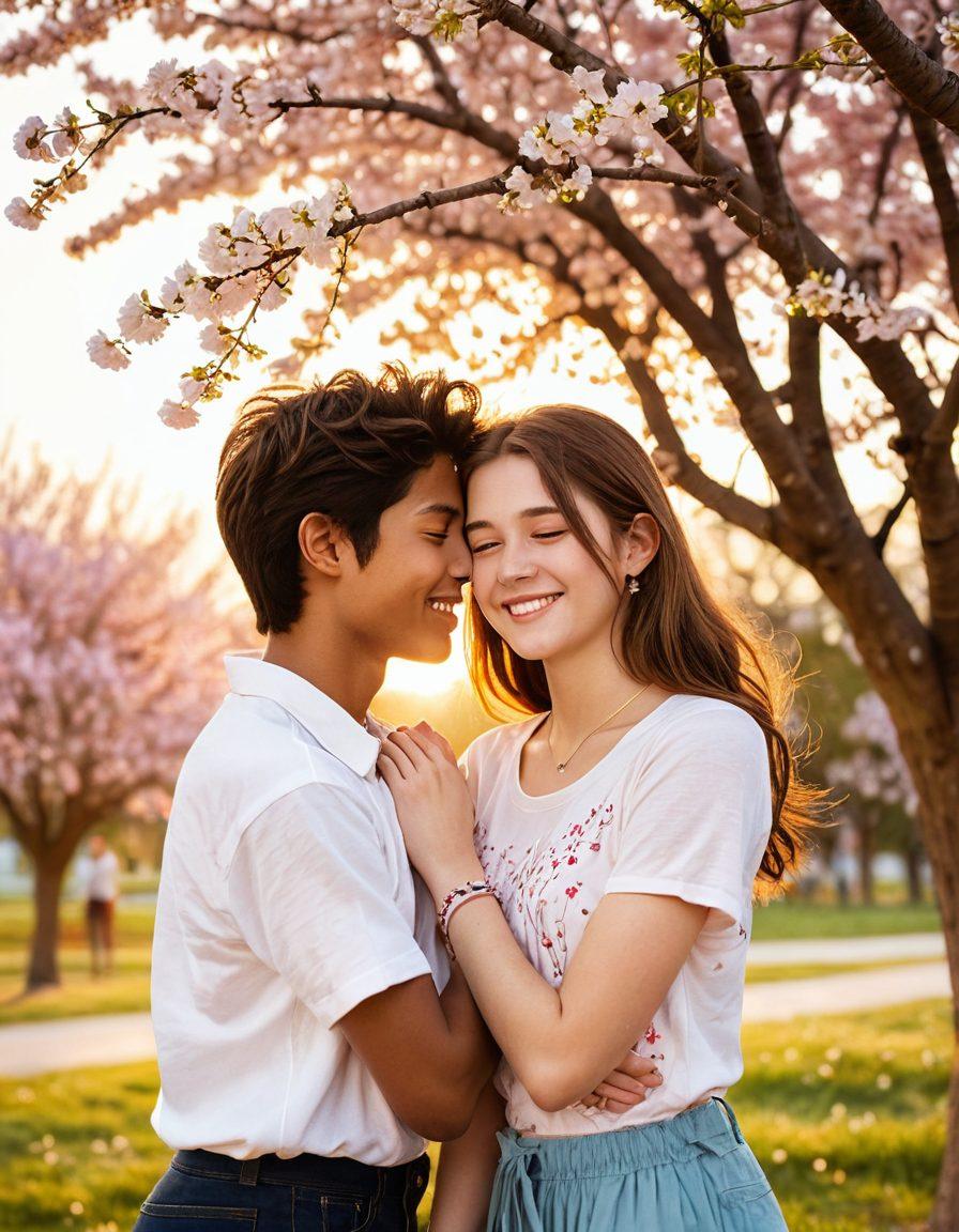 A heartwarming scene depicting two teenagers sharing a moment under a blossoming cherry tree, symbolizing the journey from crushes to deep connections. Surround them with subtle hints of love, like handwritten notes and friendship bracelets, while capturing their joyful expressions. The background features a soft sunset, emphasizing warmth and hope. vibrant colors. soft focus. illustration.